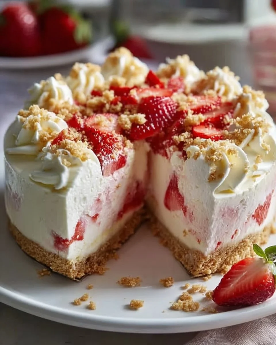 Delicious Strawberry Crunch Cheesecake topped with a sweet, crunchy layer