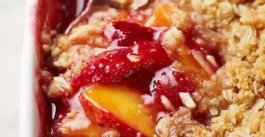 Delicious strawberry peach crisp dessert topped with a crunchy oat mixture.