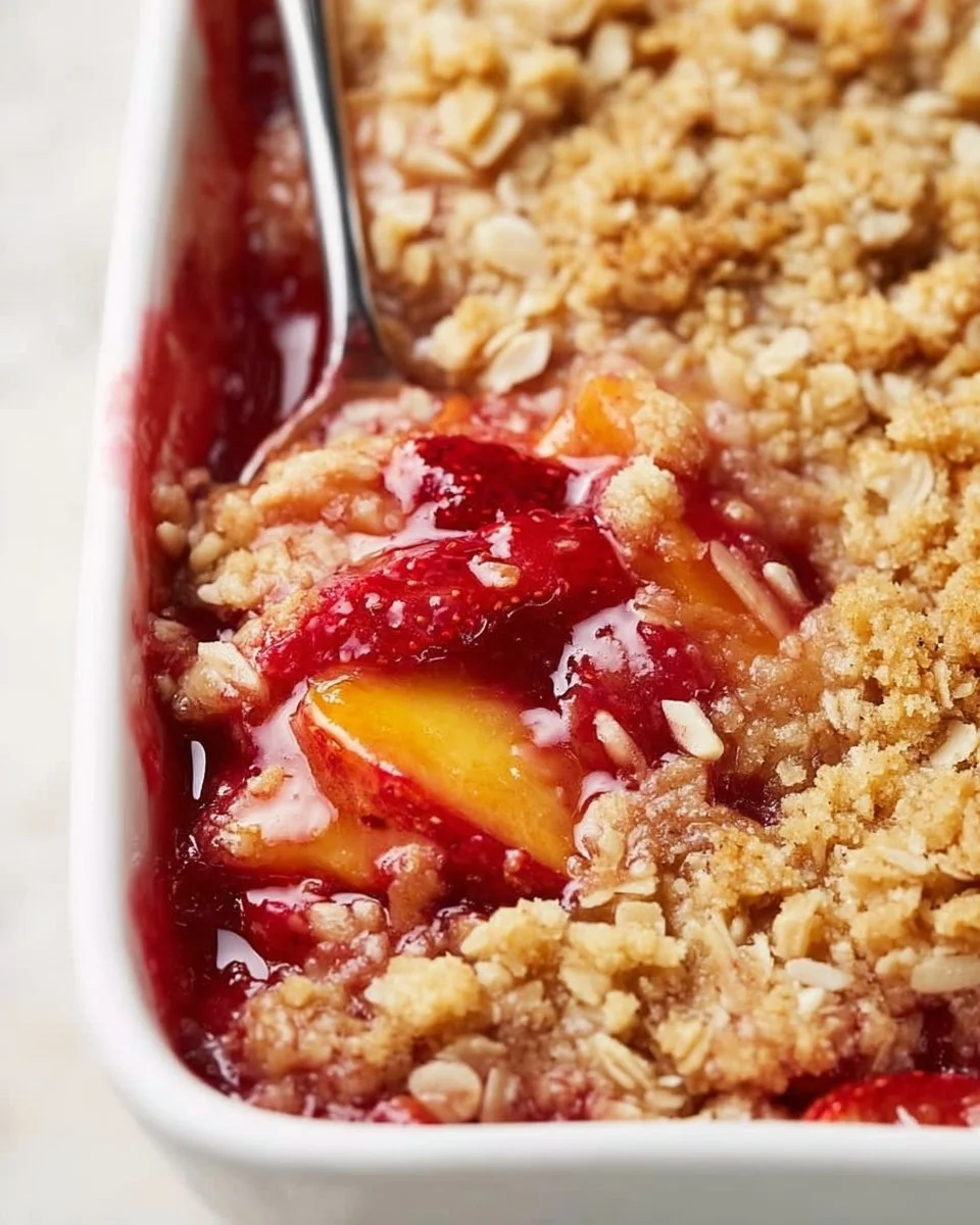 Delicious strawberry peach crisp dessert topped with a crunchy oat mixture.