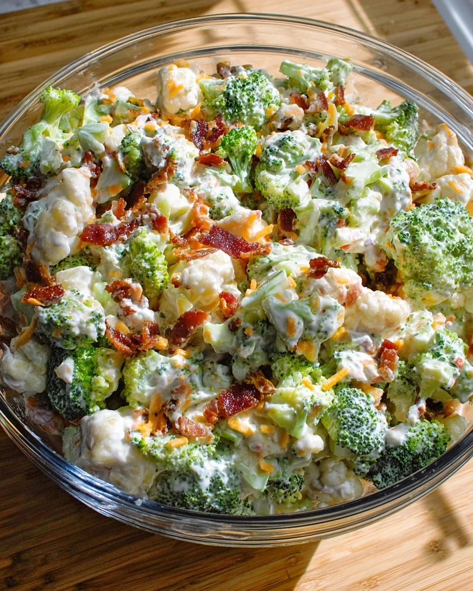 Colorful sweet broccoli cauliflower salad with vibrant vegetables and dressing