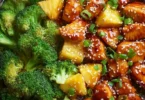 Sweet sheet pan pineapple chicken and broccoli dish served on a plate.