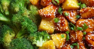 Sweet sheet pan pineapple chicken and broccoli dish served on a plate.