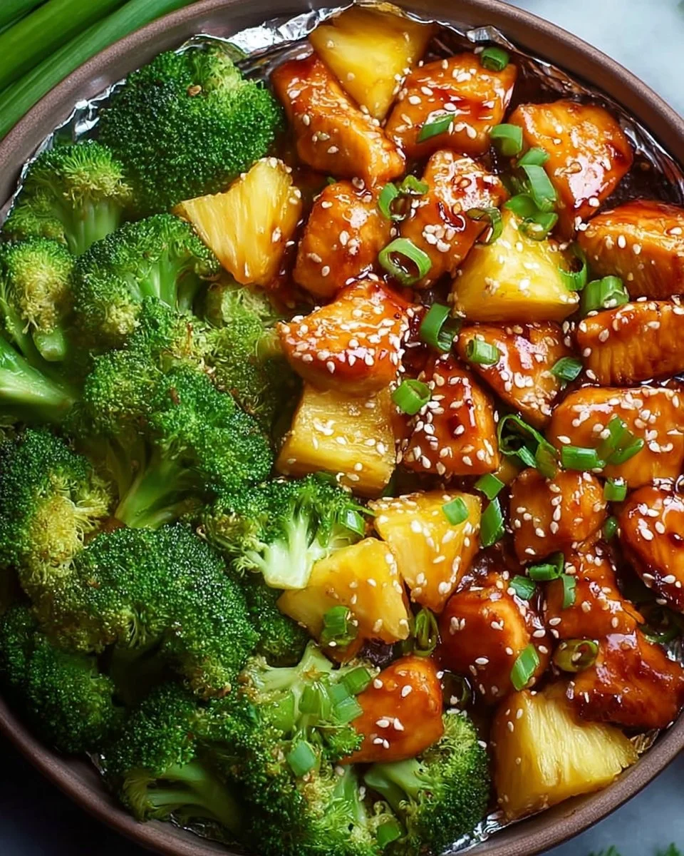 Sweet sheet pan pineapple chicken and broccoli dish served on a plate.