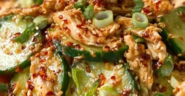 Thai Cucumber Salad with Chicken topped with fresh herbs and dressing