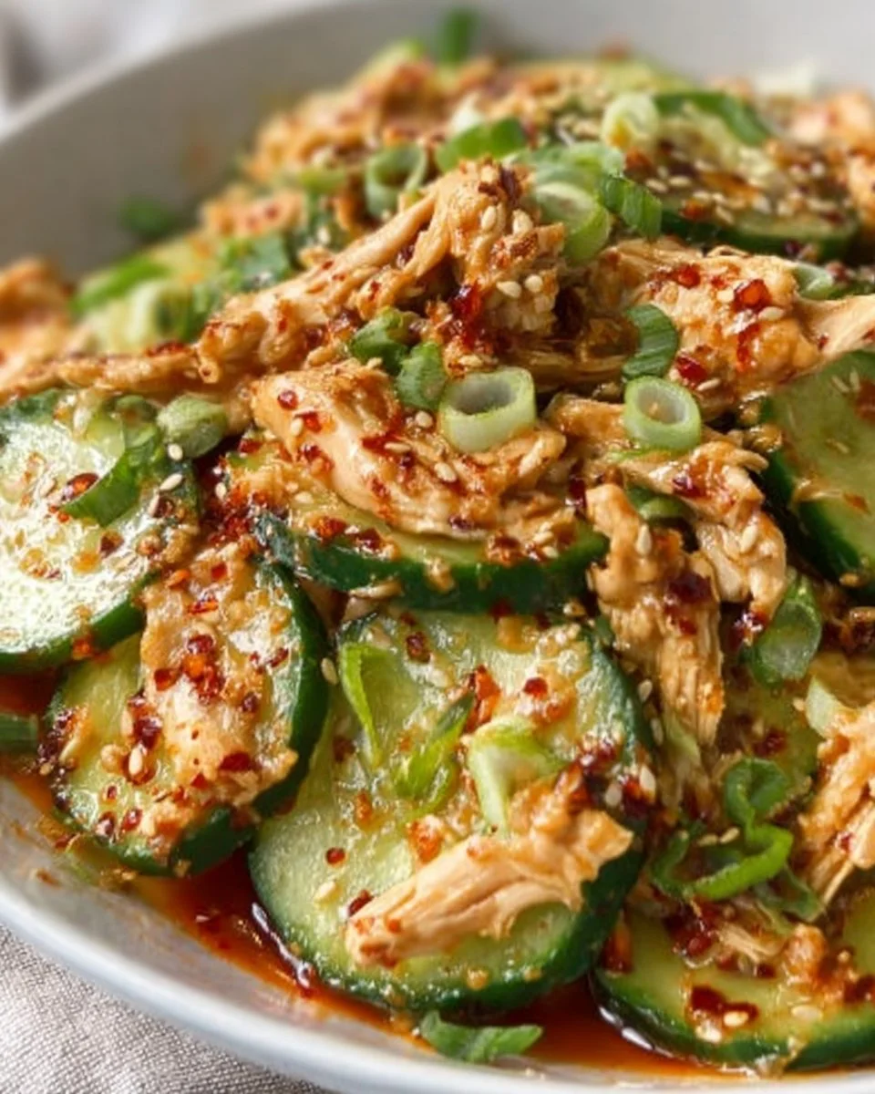Thai Cucumber Salad with Chicken topped with fresh herbs and dressing