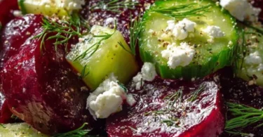 A colorful plate of vibrant beet and feta salad garnished with fresh herbs.