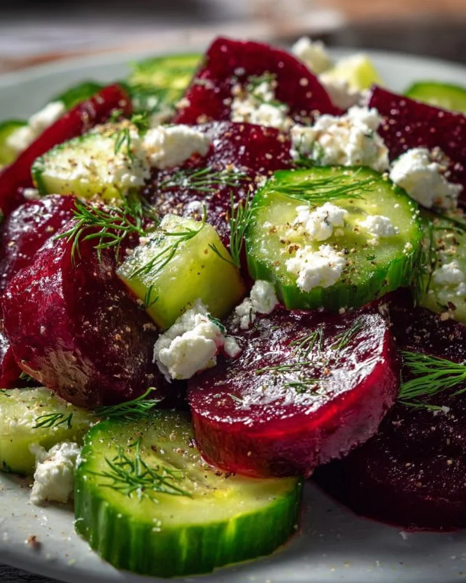 A colorful plate of vibrant beet and feta salad garnished with fresh herbs.