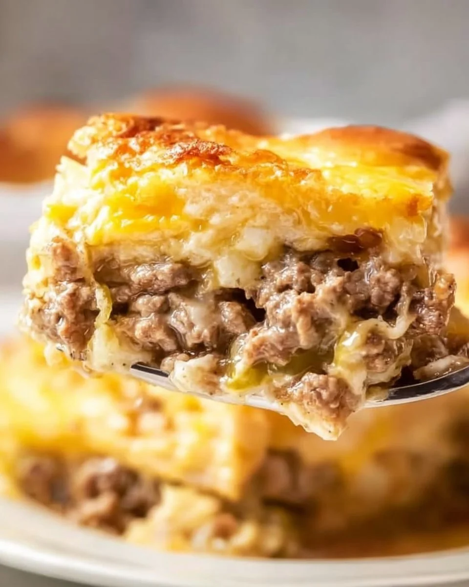 Delicious White Castle Casserole topped with melted cheese and savory beef