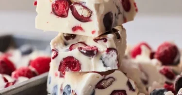 Colorful homemade yogurt bark topped with fruits and nuts on a white plate