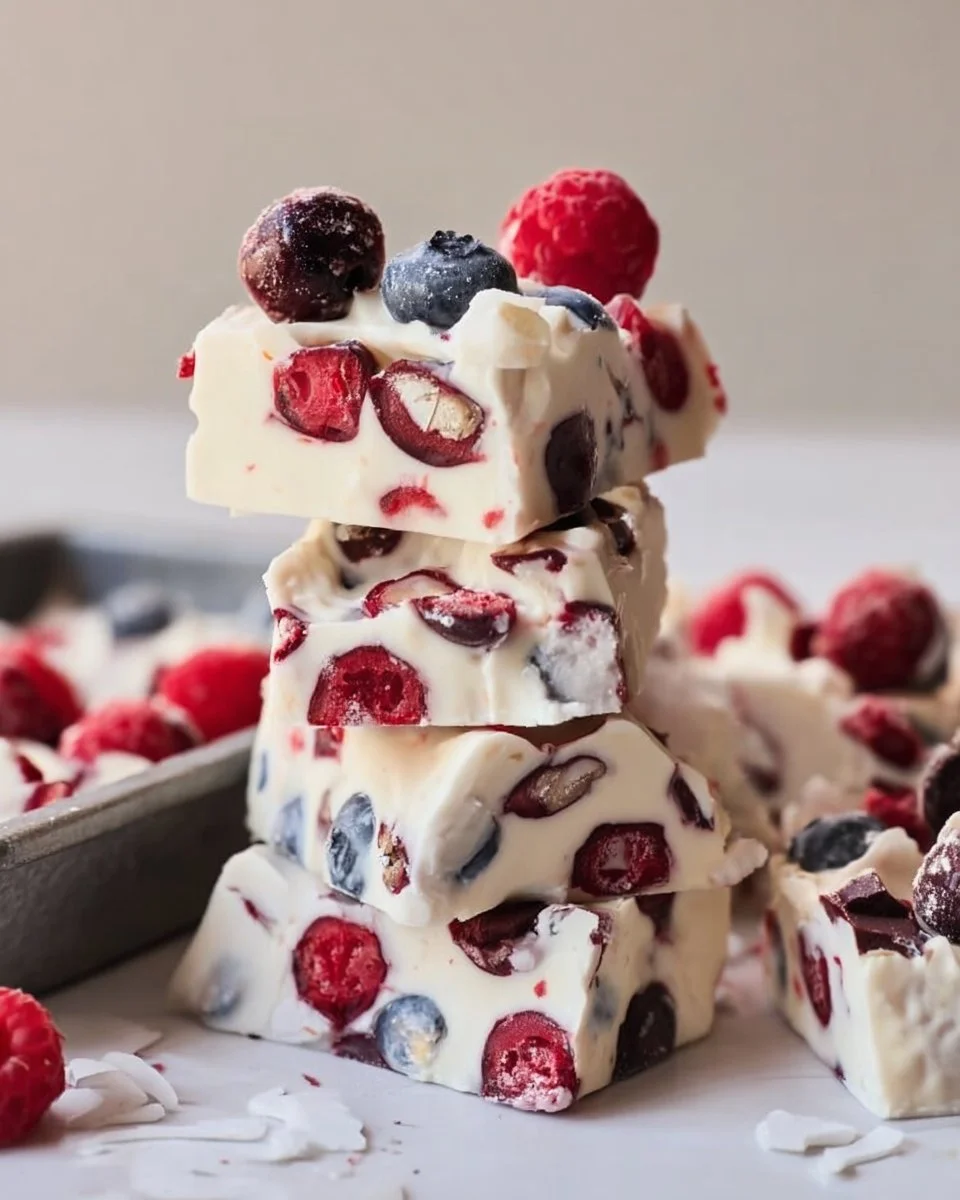 Colorful homemade yogurt bark topped with fruits and nuts on a white plate